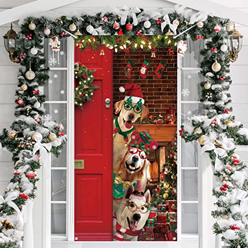 Tiamon Christmas Door Cover Decoration Funny Merry Christmas Door Cover Backdrop Cute Santa Dog Background for Xmas Holidays New Year Party Winter Decoration 70 x 35 Inch