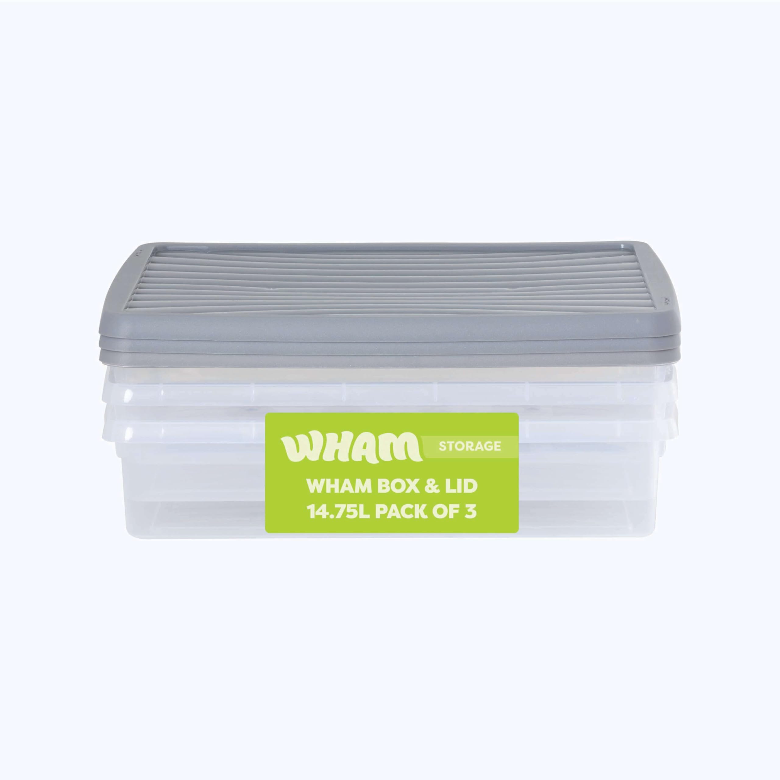Wham Box 3 x 14.75L Stackable Plastic Storage Boxes with Lids | Ideal for Home, Office, Toys & More | Secure, Ribbed Clip-On Lid for Added Strength | Made in UK - Clear/Steel