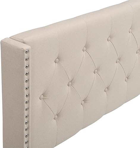 Miniatura 6 de Elegante cama tapizada de madera con plataforma tapizada de madera, tamaño Queen, marco de cama con cabecera tapizada de tela de lino con botones