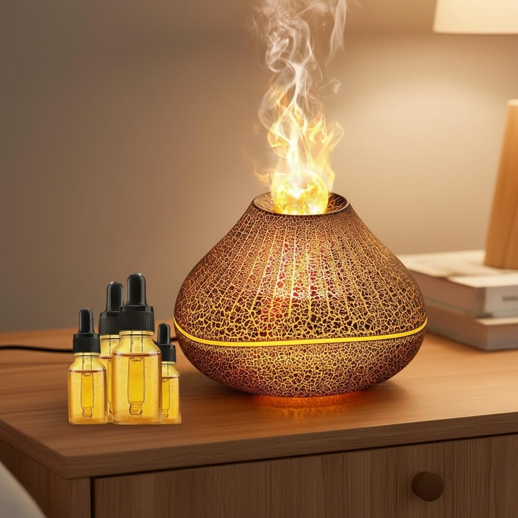 Essential Oil Volcano Diffusers with 4 Essential Oil, Aroma Diffuser with Led Flame Aromatherapy Diffuser & Mist Humidifier 7 Colors Lights Noiseless Operation Auto-Off Protection for Baby Nursery