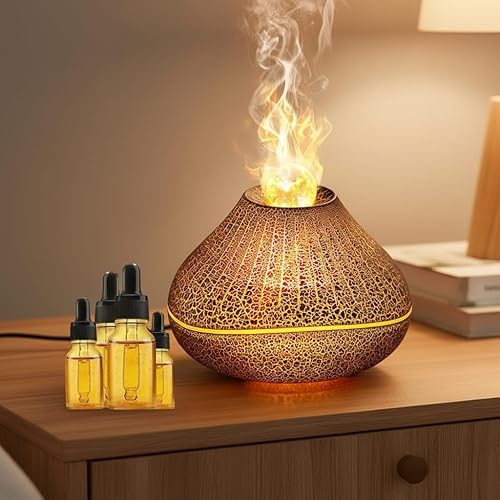 Difusores de volcán de aceite esencial con 4 aceites esenciales, difusor de aroma con llama LED, difusor de aromaterapia y humidificador de niebla,