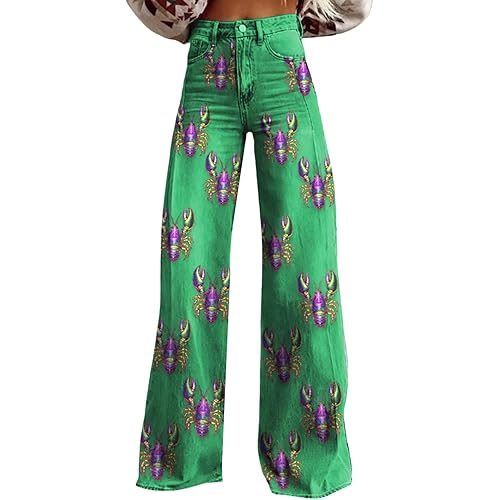 Boho Jeans for Women Wide Leg Baggy High Waisted Vintage Floral Print Lightweight Stretch Pants with Pockets