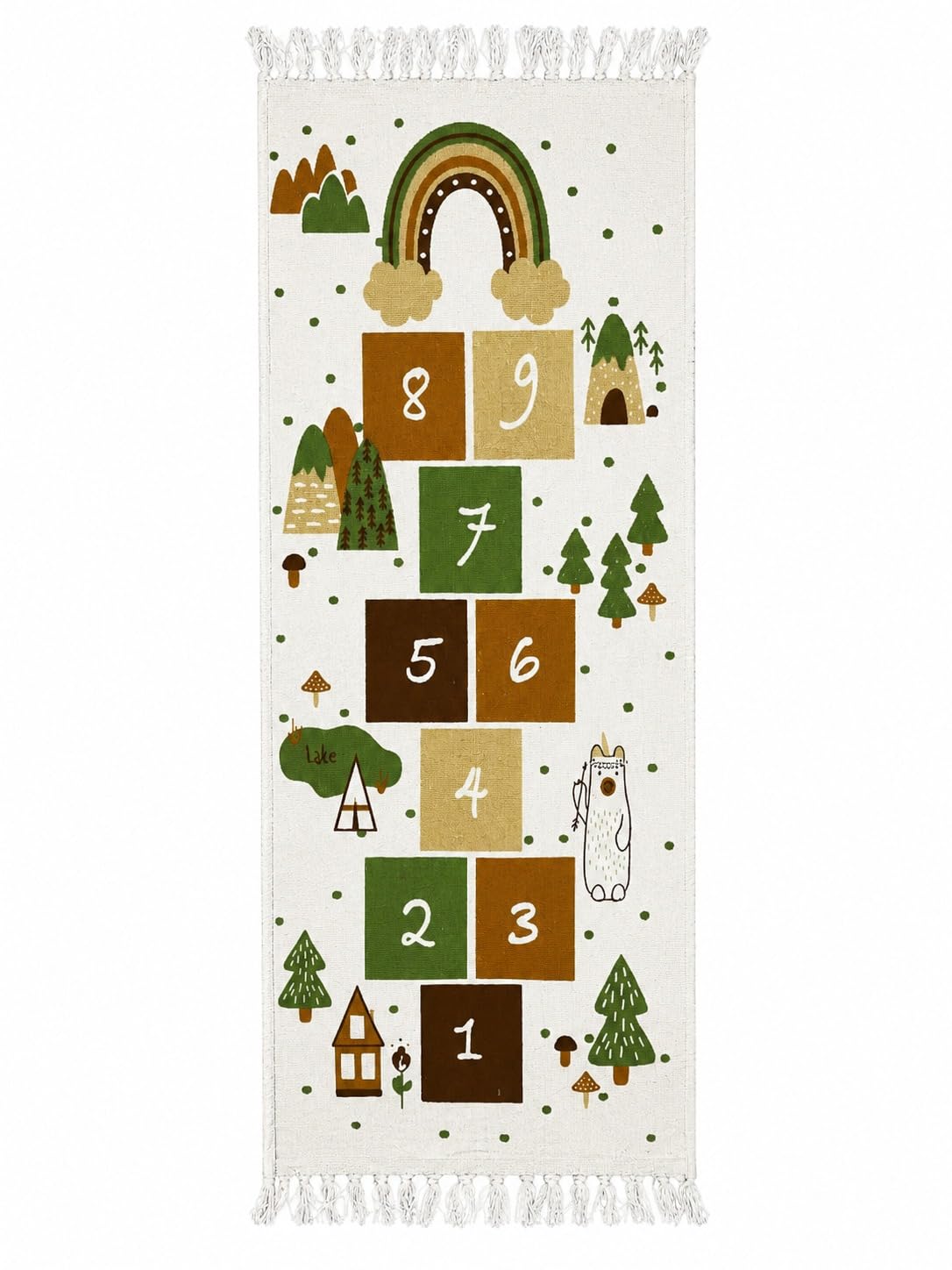 Home Carpet Rugs Kids Hopscotch Play Mat Rug with Fringe, Nature Theme | Numbers 1-9, Cotton Fabric, Tassel Edges, Indoor Play Rug, Toddler Activity-image-0