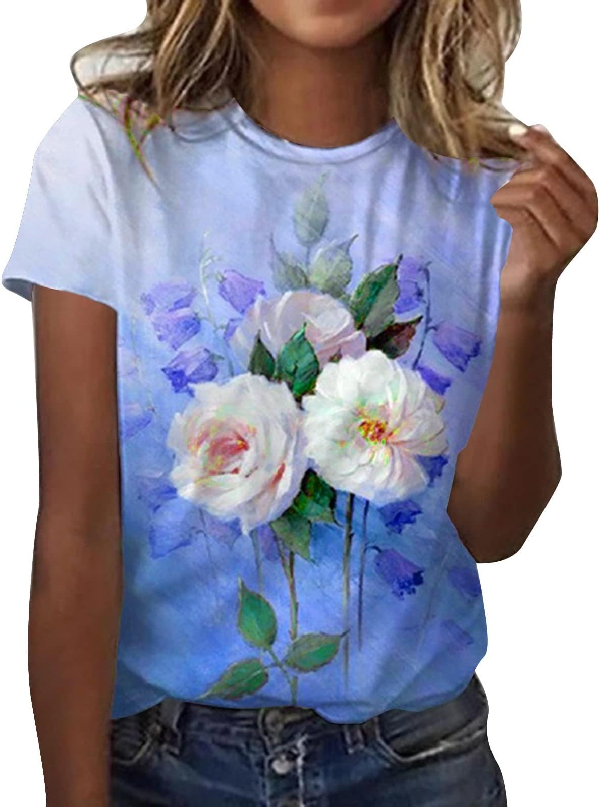 Summer Tops for Women 2023 Trendy, Womens Short Sleeve Shirts Floral Print Tops Crew Neck Date Night Outfit