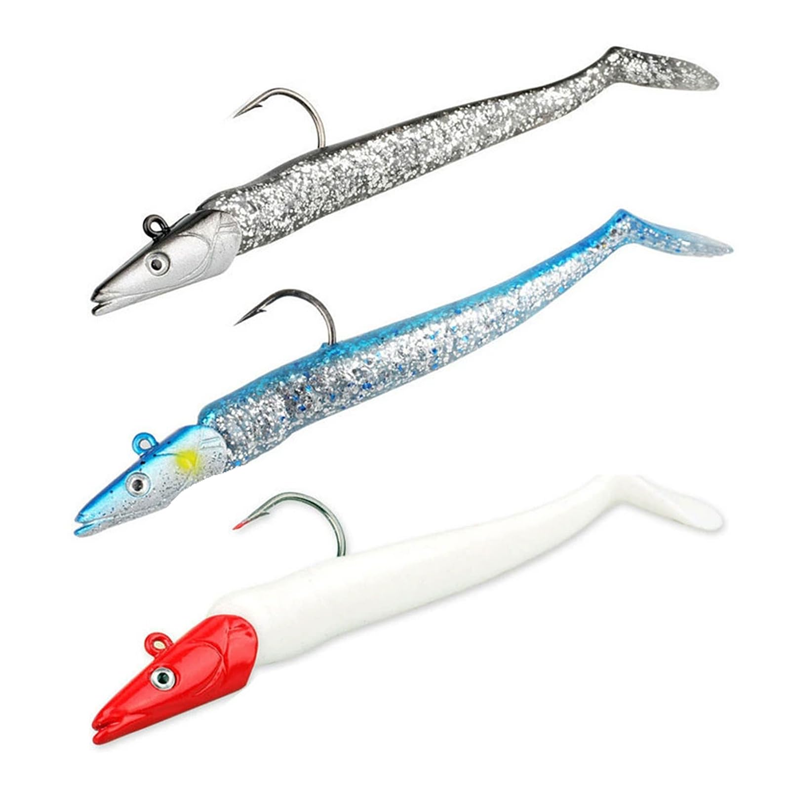 EMTPJAL 3-Pack Weedless Sandeel Fishing Lures, 11cm 22g Soft PVC Swimbaits with Paddle Tail & 3D Eyes, Realistic Saltwater Lures for Sea Bass, Cod, Pollock & Pike (Weedless Hook Design)