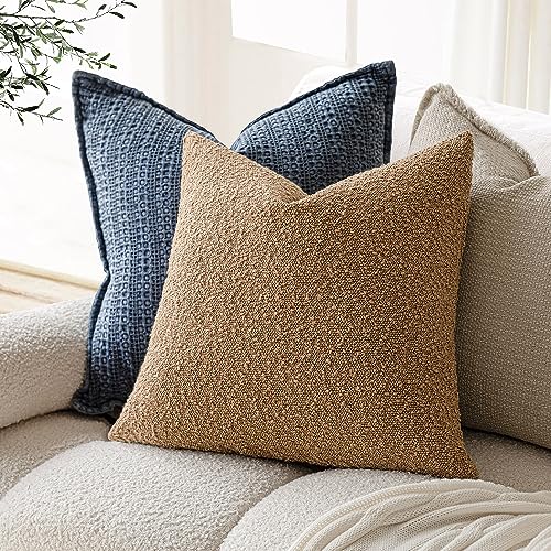 Image of Foindtower Set of 2, Decorative Textured Boucle Throw Pillow Covers Accent Solid Pillow Cases Neutral Soft Couch Cushion Case for Chair Sofa Bedroom Living Room Home Decor 26 x 26 Inch Rust Tobacco