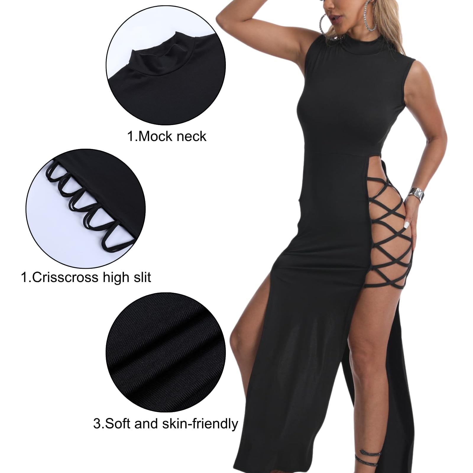 Damen Sexy Ärmelloses Bodycon Maxikleid mit Hochgeschlitztes Hoher Ausschnitt Lange Kleid Schnürung Y2K Schwarz Rave Outfit Figurbetonte Sommerkleider für Cocktailparty Club