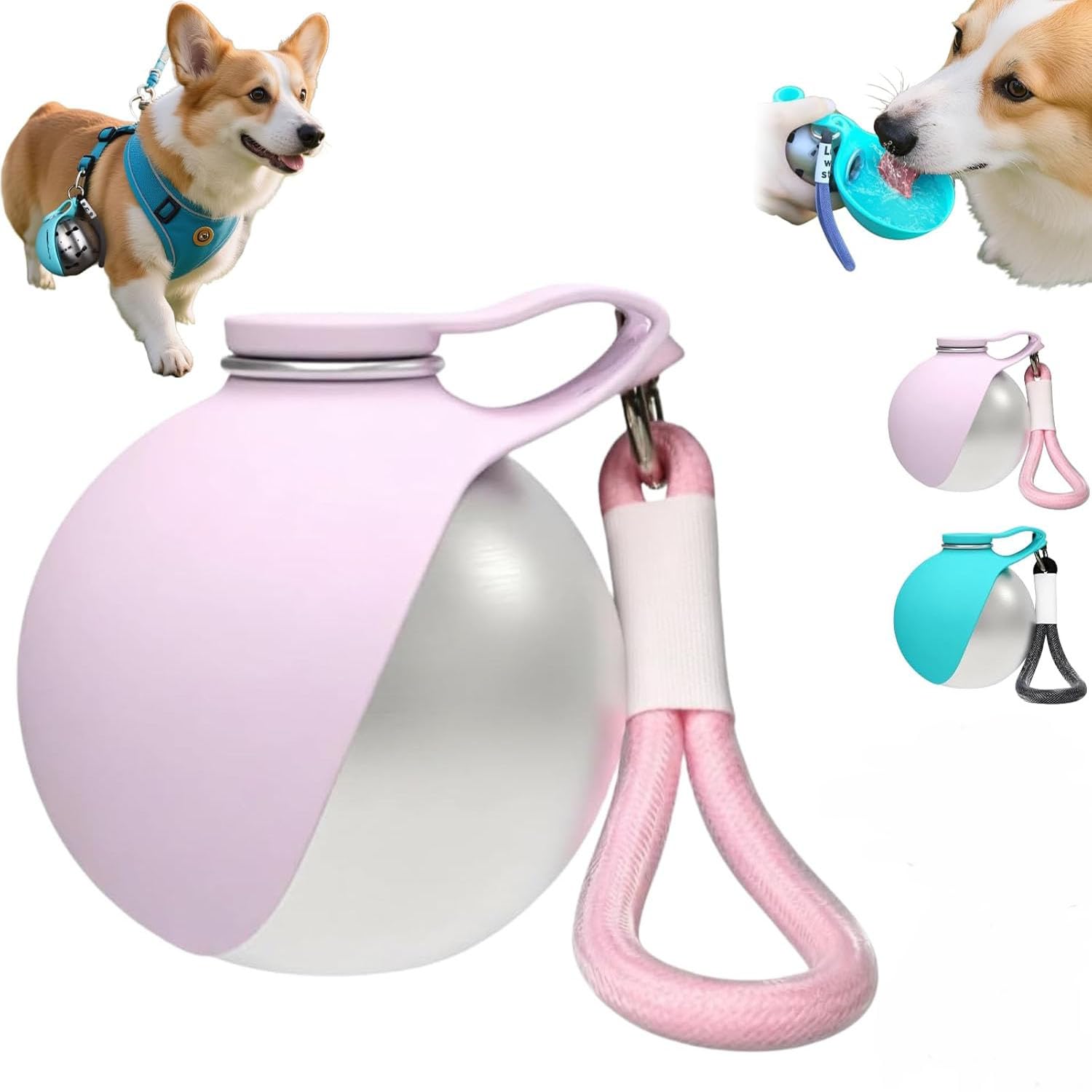 2-in-1 Portable Dog Water Bottle for Small Dogs, Pet Water Bottle for Travel with Foldable Silicone Bowl, Stainless Steel Dog Drink Dispenser with Drinking Feeder for Walking Hiking (pink)