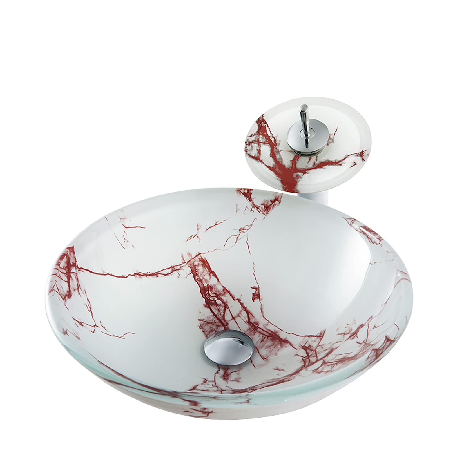 WDSOPK Bathroom Artistic Tempered Glass Vessel Sink Round Bowl Countertop Vanity with Waterfall Faucet and Pop Up Drain Combo (Red Green)