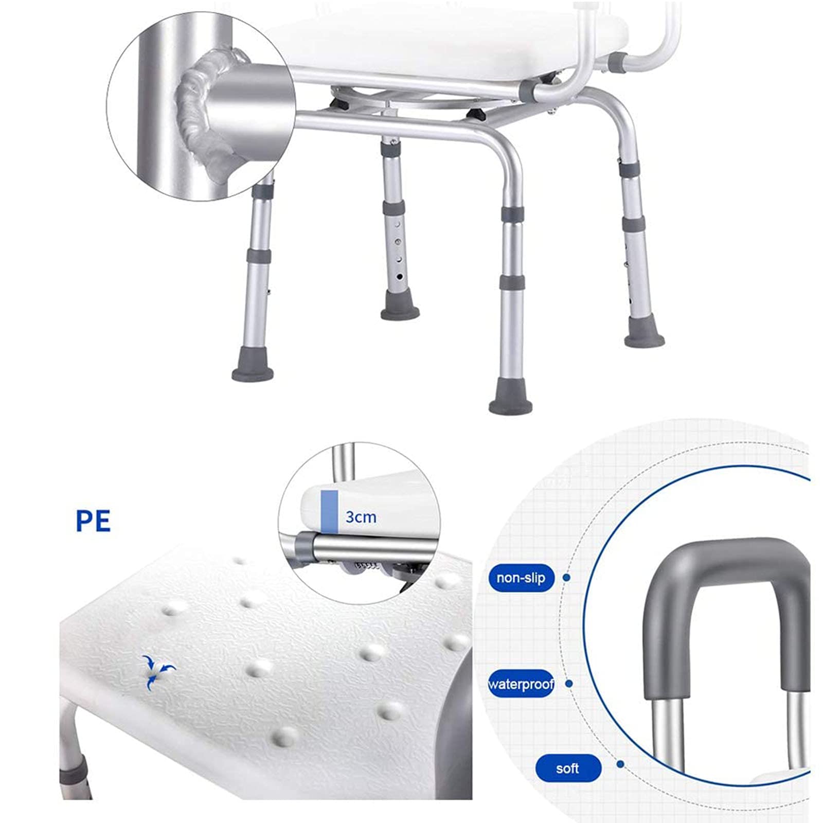 Asiento de ducha giratorio resistente con brazos y respaldo, taburete de baño antideslizante y ajustable, banco de seguridad portátil para ancianos y discapacitados