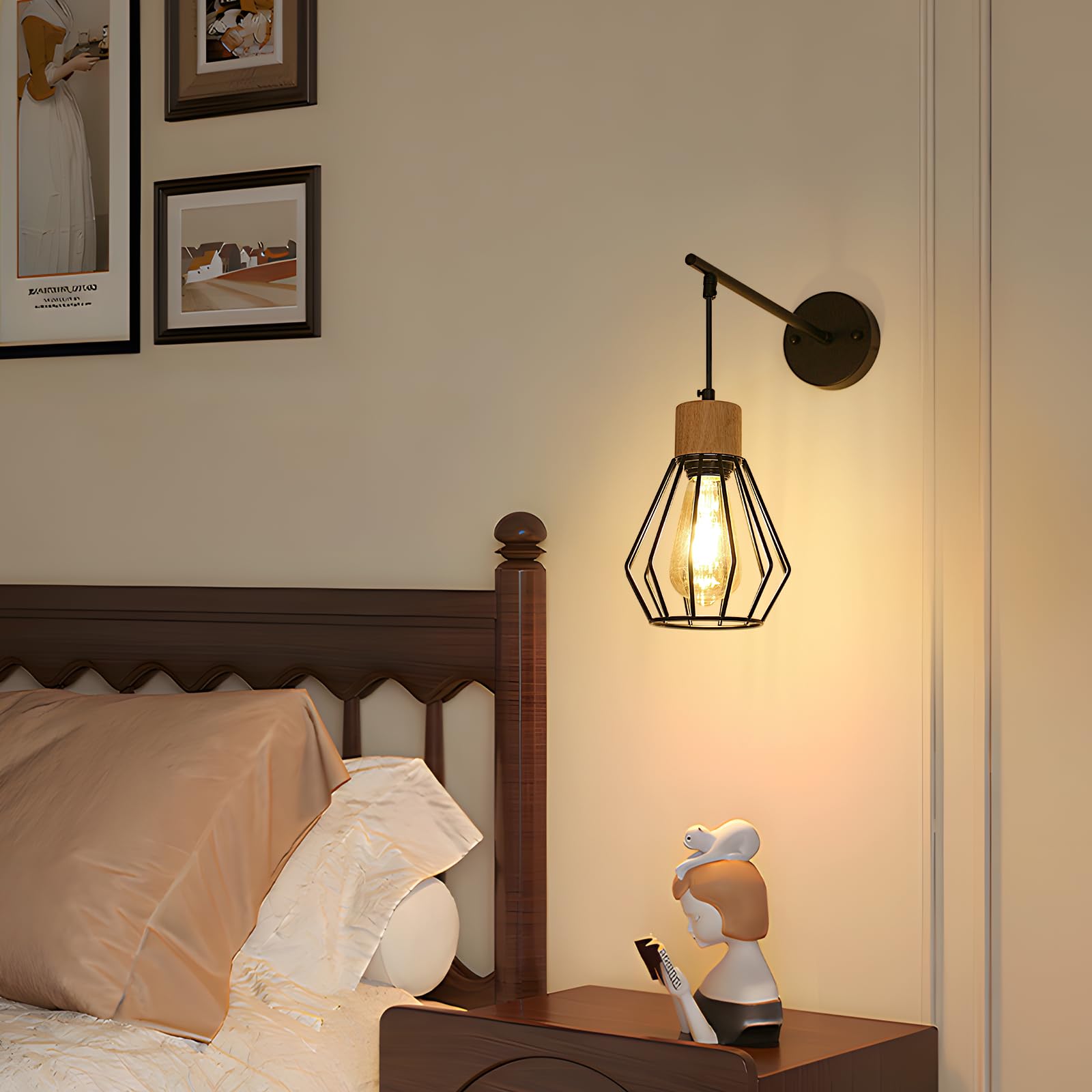 Mckalen Lampada da Parete Interno Vintage E27, Applique da Parete Legno e Metallo, Lampada da Muro Ferro Paralume Gabbia, Nero Applique Scale Industriale per Camera da Letto Soggiorno Corridoio