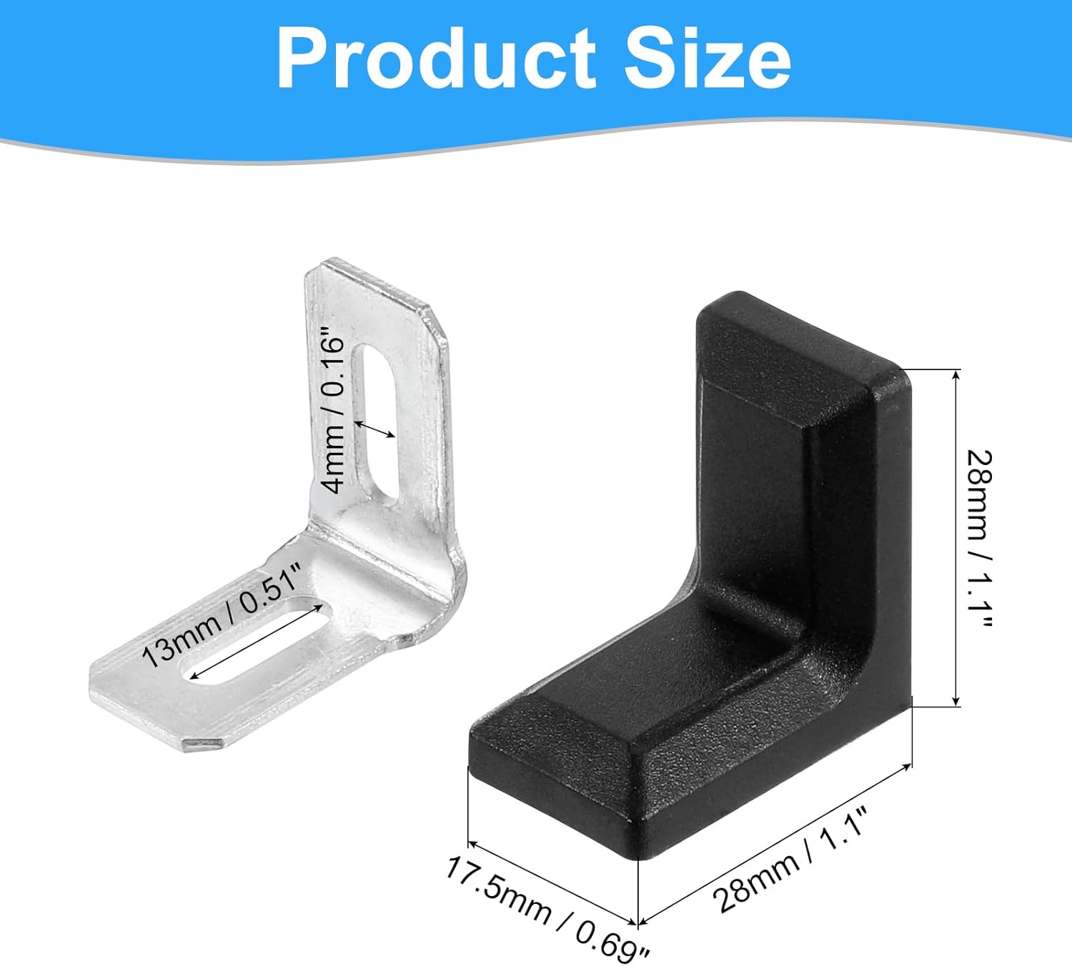 8 Pcs 90 Degree Plastic Corner Braces, 28x17.5x28mm Shelf Right Angle Brackets with Screws for Cabinets Cupboards, Black