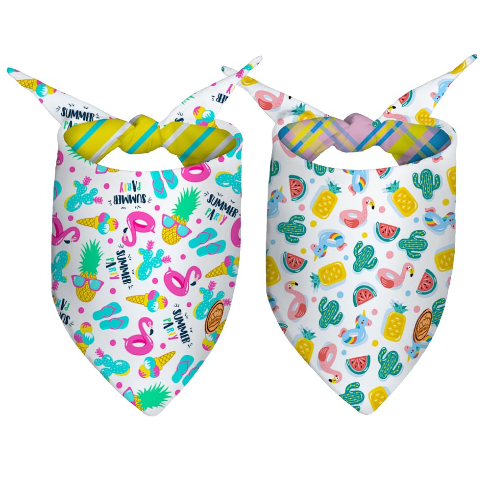 CROWNED BEAUTY Summer Dog Bandanas Reversible 2 Pack, Summer Pool Set, Flamingo Adjustable Triangle Holiday Scarves for Me...