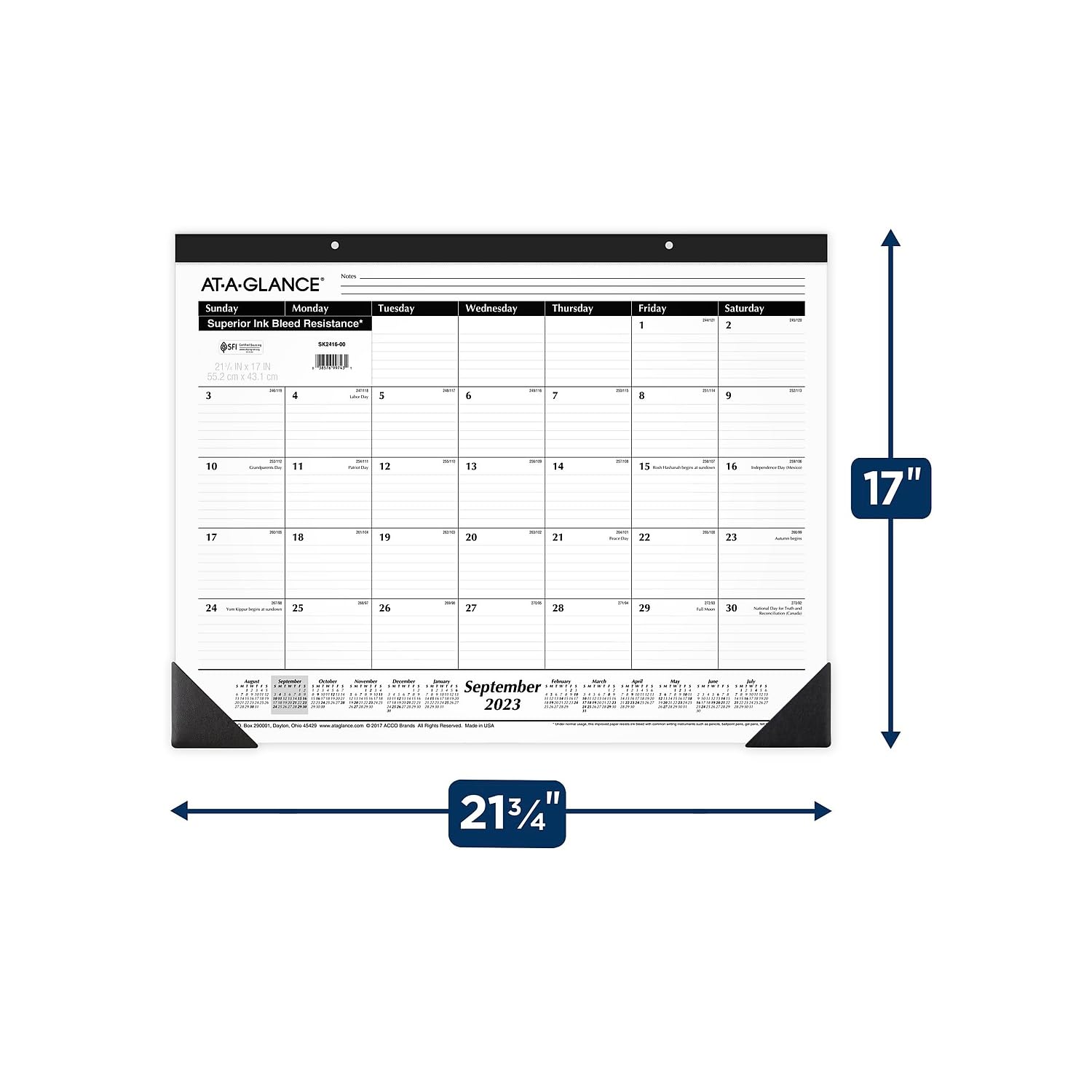 AT-A-GLANCE Akademischer Schreibtischkalender 2023-2024, monatliche Schreibtischunterlage, 53,5 x 43,2 cm, linierte Tagesblöcke, Standard (SK241600)