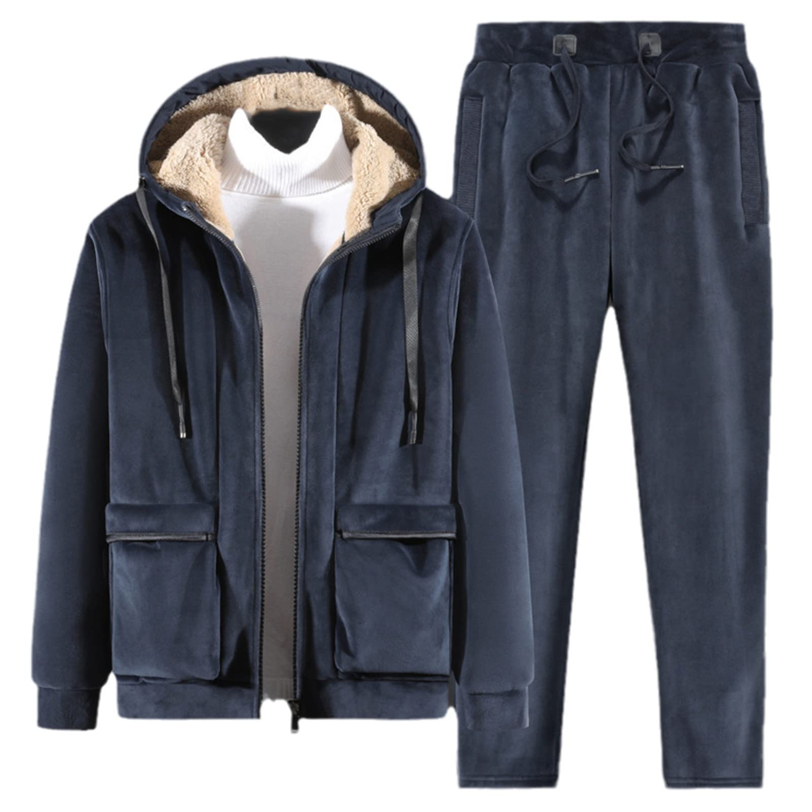 Tuta Uomini Caldo Tute Inverno Velluto Spessore Due Pezzi Set In Pile Mens Tuta Giacca+Pantaloni, Blu 1, XXXXL