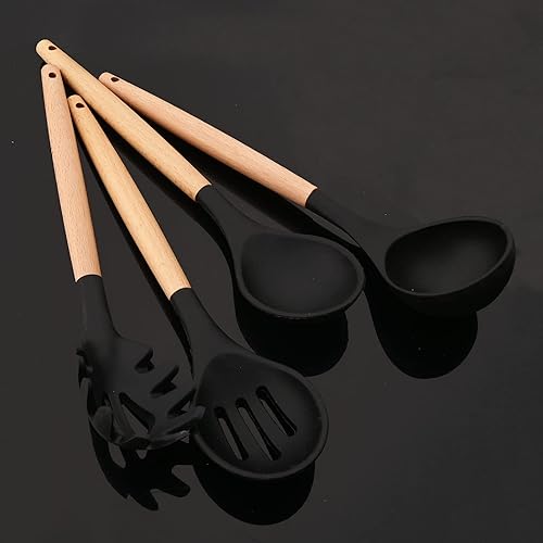 Miniatura 8 de JASHII Juego de utensilios de cocina de silicona negra juego de utensilios de cocina de 12 piezas antiadherentes resistentes al calor con mango de