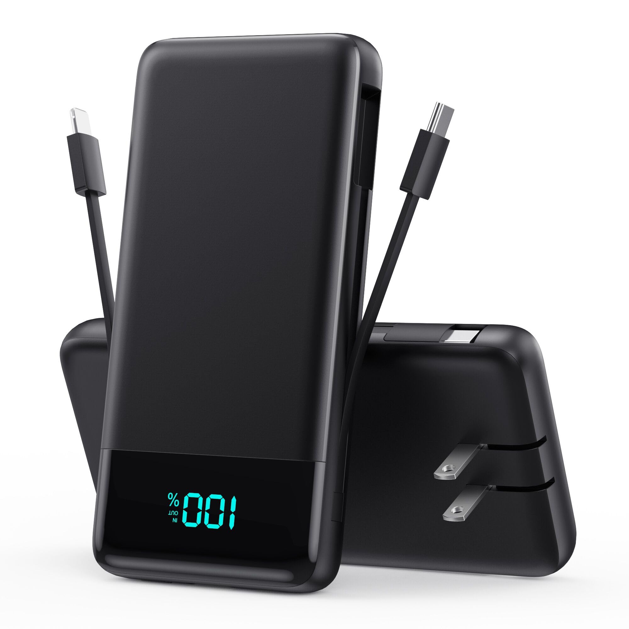 Cargador portátil para iPhone con cables integrados y enchufe de pared, 13800 mAh de carga rápida USB C, batería de 4 salidas de viaje, compatible con iPhone 15/14, Samsung, Android, etc