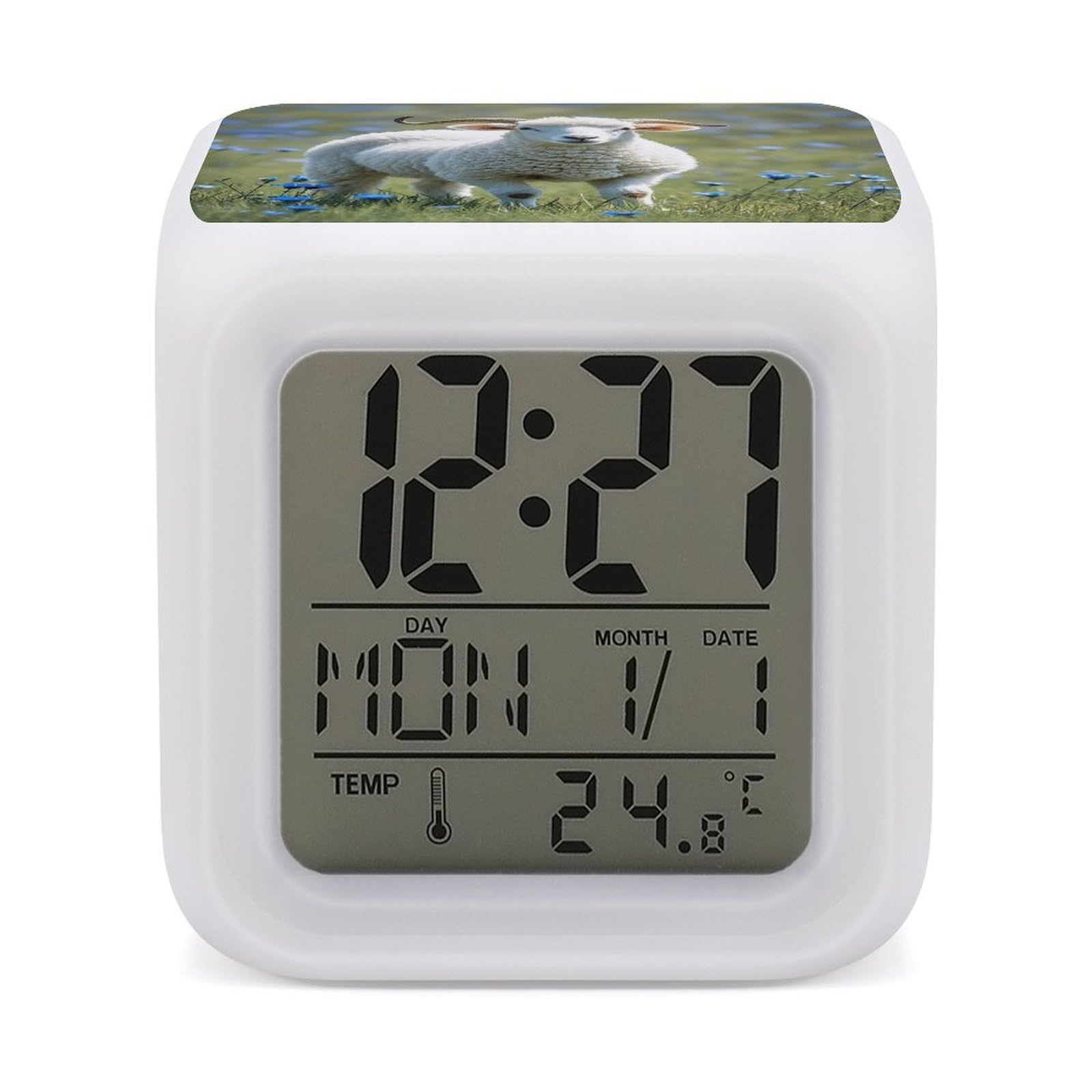 FekiLoot Sheep Alarm Clock for Heavy Sleepers Small Digital Alarm Clock with Date Temperature Wake Up Digital Clocks with 7 Colors Changing Desk Clocks for Bedroom Bedside Nightstand