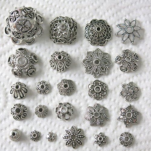 Beading Station Antique Style Everything Mix, Charms, Spacers, Bead Caps, Clasps, Connectors, All Crafting Needs ~ Jewelry Findings ~ (Deluxe Spacer&Caps 70pcs Antique Silver)