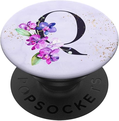 Orchids Plants Flower Floral Arrangement Purple Letter Q PopSockets - Soporte y agarre para teléfonos y tabletas, Negro