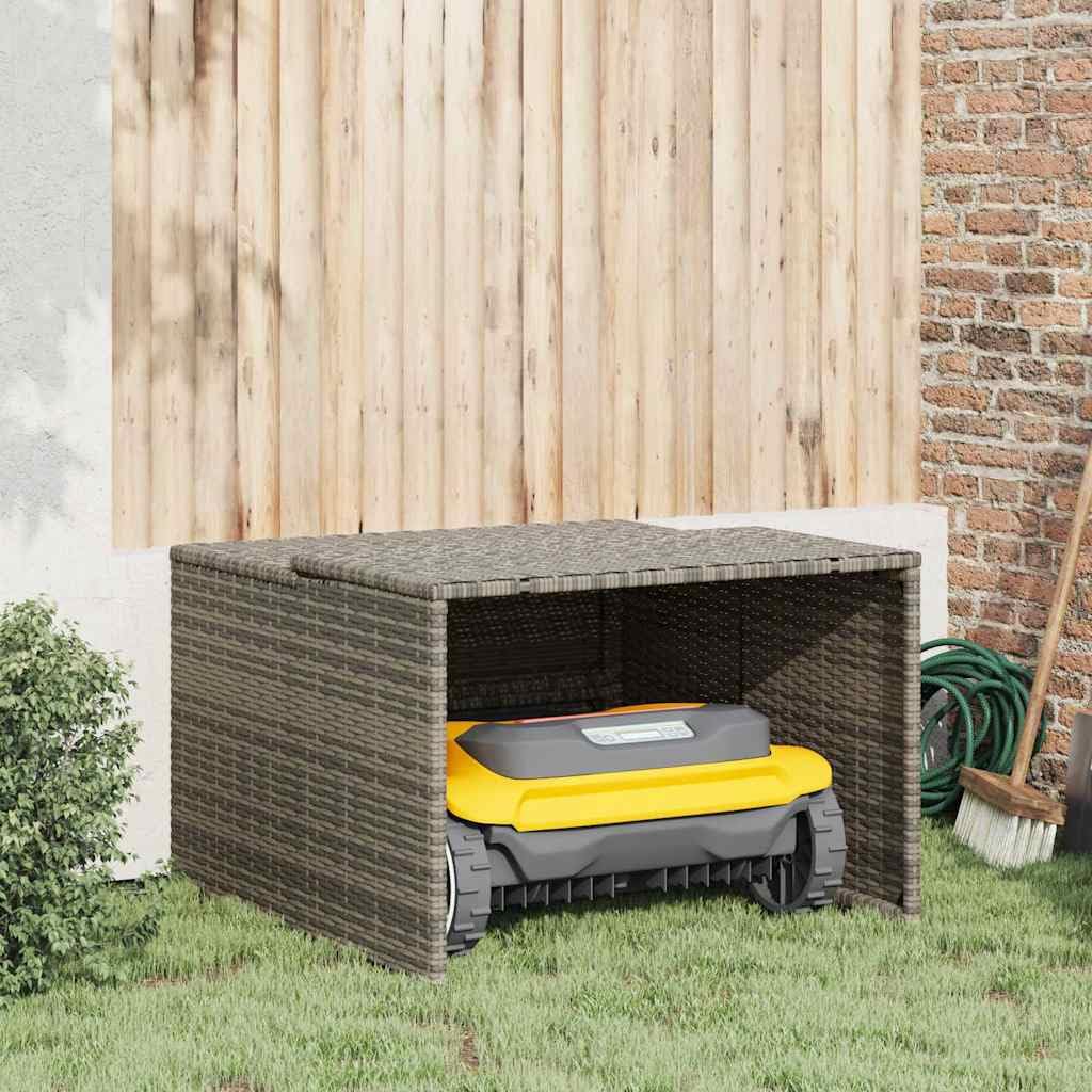 Garaje para robot cortacésped, gris, 86 x 90 x 52/57 cm, polirratán, resistente a la intemperie, protección para herramientas de jardín, resistente al polvo, resistente a los rayos UV