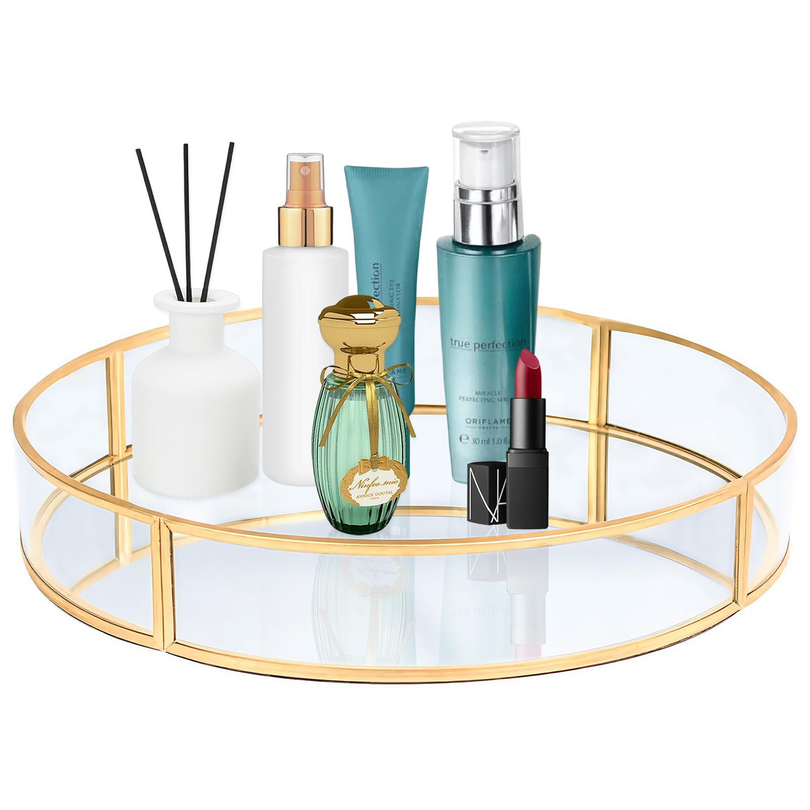 SLHEQING Bandeja de Espejo, Bandejas Decorativas Dorada, Bandeja de Perfume de Metal, Bandeja para Cosméticos Redonda para tocador, baño, Dormitorio (Dorado A, 30l. x 30an. x 5al. centímetros)