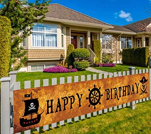 Large Pirate Happy Birthday Banner, Pirate Party Supplies Decorations, Pirate Birthday Photo Backdrop Hanging Decorations, Both Indoor Outdoor (9.8 x 1.6 feet)