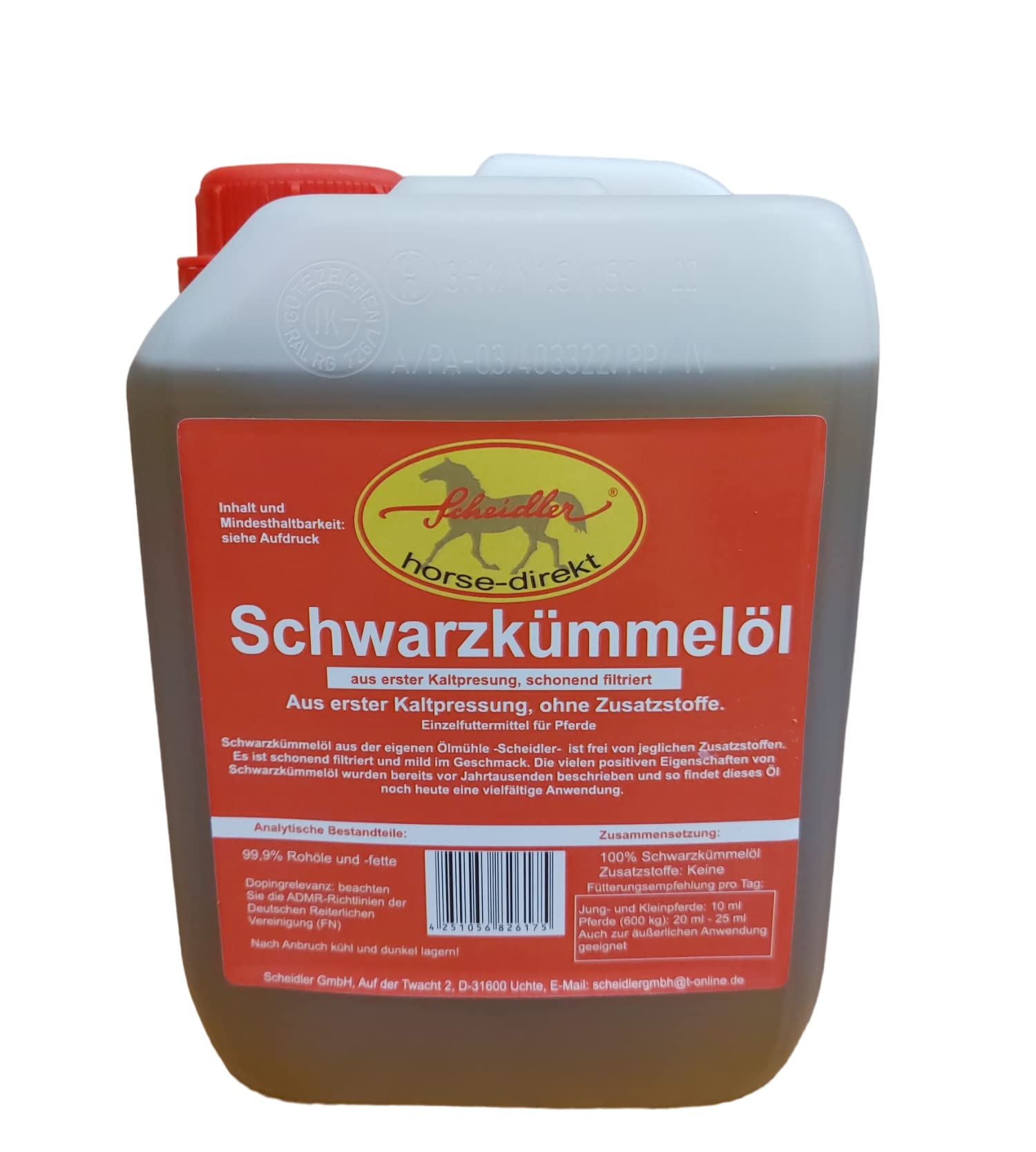 Scheidler horse-direkt 3,5 L Premium Schwarzkümmelöl für Pferde und Hunde Kaltgepresst – Frisch Aus Eigener Pressung - (1 x 2,5 L Kanister + 1 L Flasche)