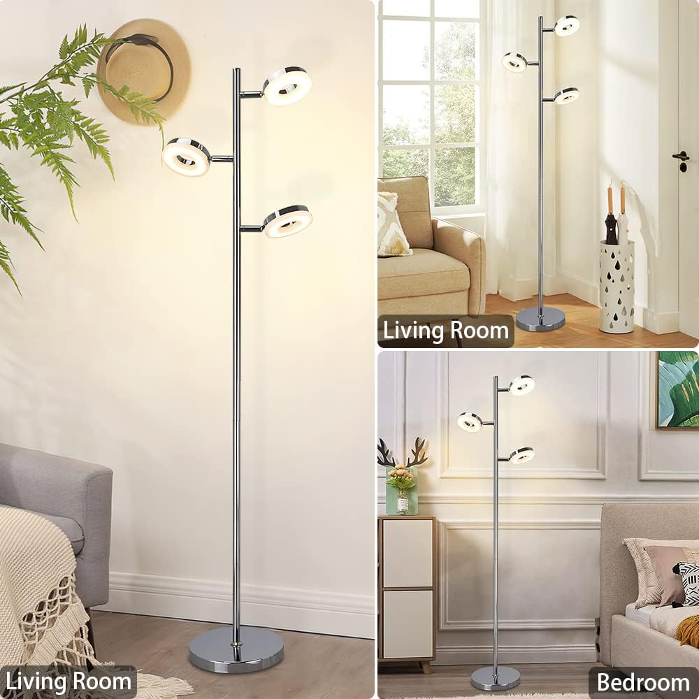 Hottest Sales DLLT 3-Light LED Floor Lamp-Modern Indoor Standing Light with Adjustable Head, Contemporary Tall Pole Tree Corner Lamp, Craft Spotlight Lamps for Living Room, Bedroom, Office, Warm Light, Silver