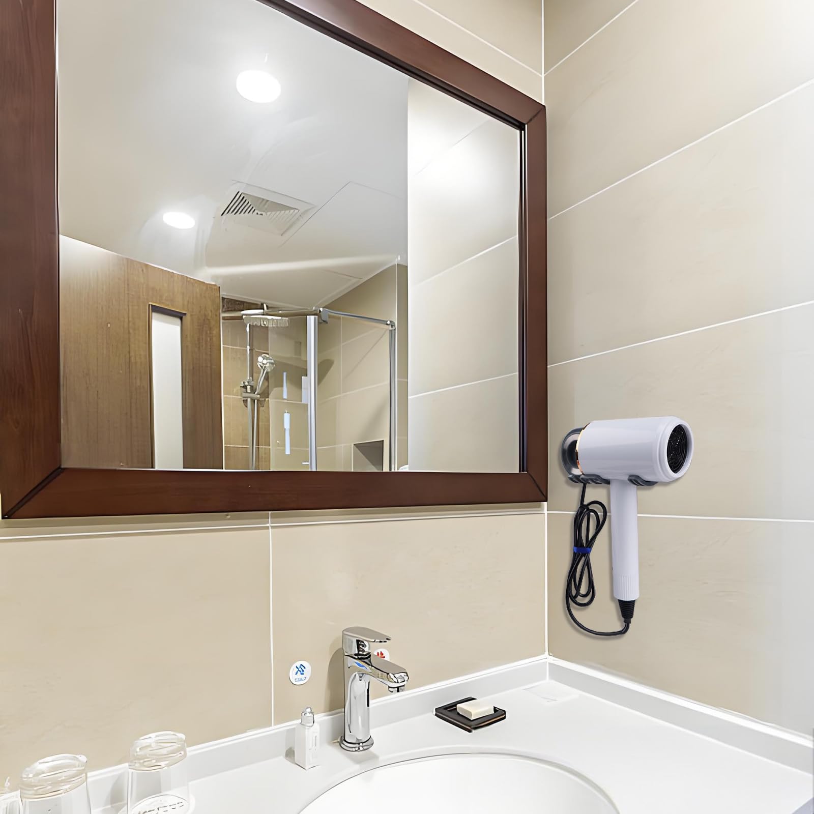 Soporte Secador de Pelo Magnético de Pared con Portaboquillas, Colgador Sin Taladrar, Gris