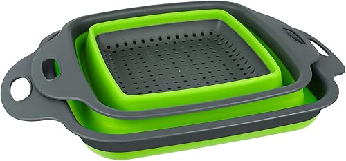 Miniatura 9 de AUAUY Juego de 2 coladores plegables, colador plegable cuadrado de silicona con asas de plástico, colador de cocina ecológico con agujeros grandes