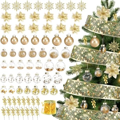 HOHY 72pcs Christmas Tree Ornaments Set Christmas Tree Decorations Set Shatterproof Gold Christmas Ball Ornaments with Snowflake Ornaments, Glitter Poinsettia Flowers, Glitter Berries Stems, Ribbon Cover