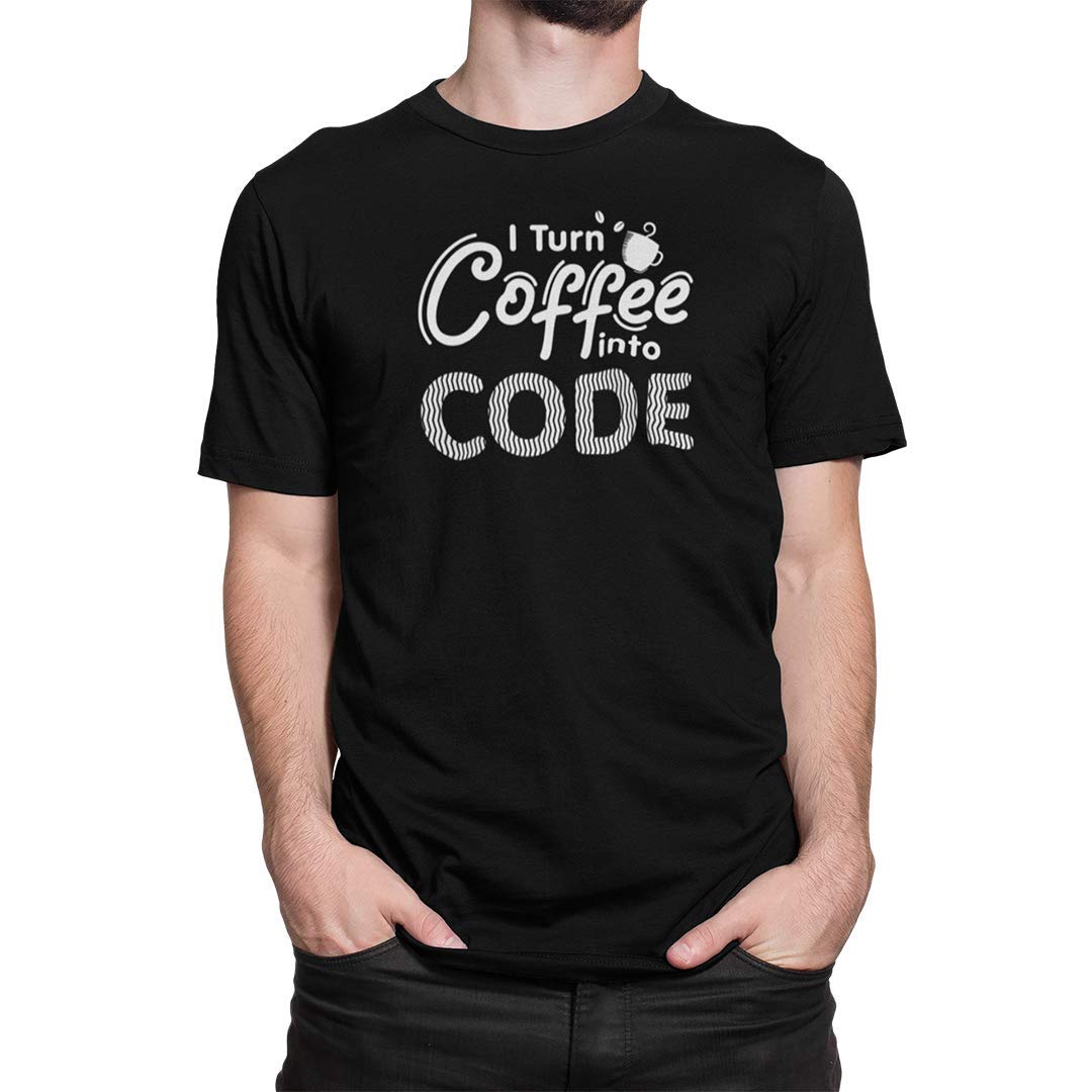 DUDEMEI Turn Coffe Into Code T-Shirt, 100% Cotton T-Shirts for Programmer, Coding, Developer, Software Mens, Round Neck T Shirts for Women, Half Sleeve Tshirt for Men
