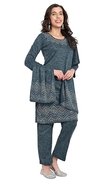 Elendra Karachi Winter Kurta Palazzo Dupatta Set with Exquisite Stonework on Neckline & Hem