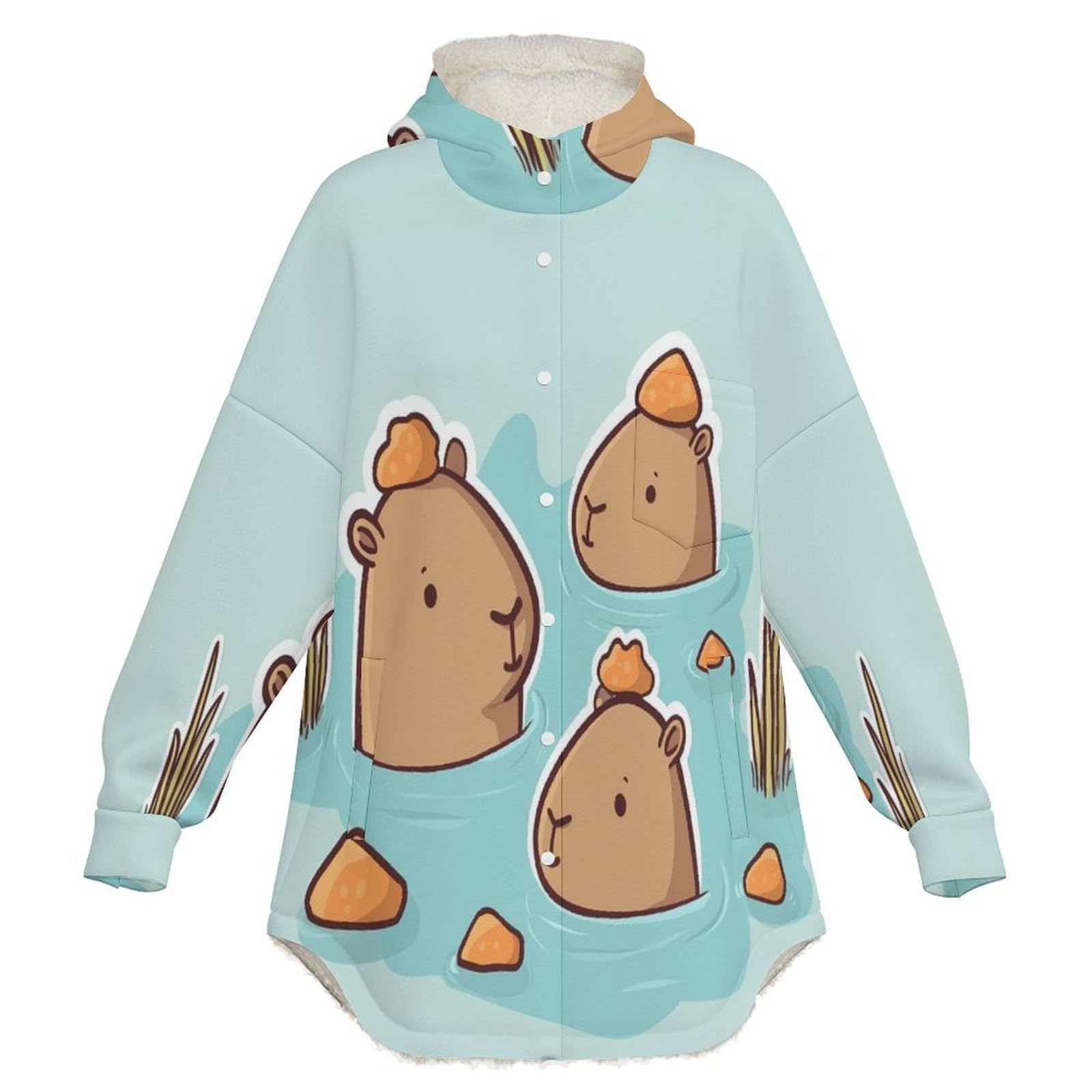 Sudadera Invierno con Capucha de Forro Polar Mujer Carpincho Nadando Cálido Hoodies a Manga Larga Felpa Sudadera con Bolsillos, Azul Claro