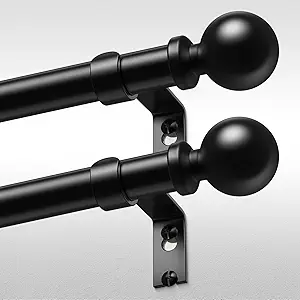 2 Pack Black Curtain Rods for Windows 30 to 56 Inch, Adjustable Heavy Duty 1 Inch Diameter Decorative Curtain Rod with Round Finials, Modern Easy Install Extendable Metal Drapery Pole Set