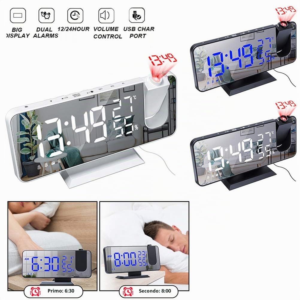 Sveglia Digitale, Radio Sveglia proiettore, Sveglia a Specchio alla Moda con Doppio Allarme, 4 luminosità dello Schermo Regolabile, 8 Display, Rotazione di 180°, Cavo USB da 1,5 m, Radio FM