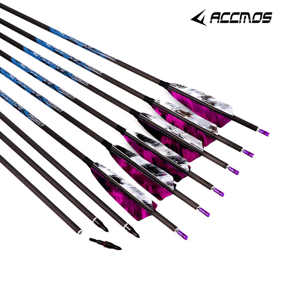 ACCMOS 6pz Blanco Púrpura Pluma Flechas de Caza Spine 250 300 340 400 500 600 700 800 ID 6.2 mm 4" Pluma de Pavo de Camo 27-33 Pulgadas para Arco y Flecha Tiros