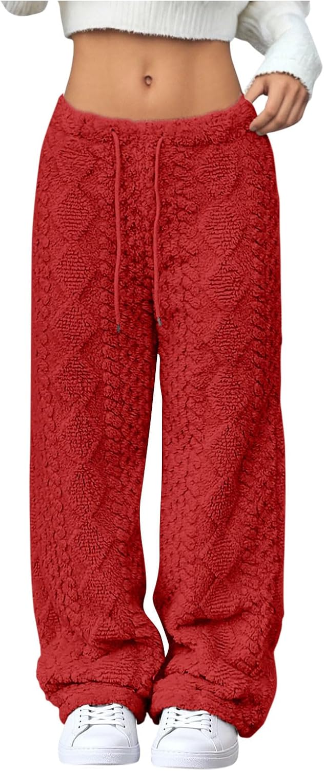 Fuzzy Pajama Pants Women Casual Loose Drawsting Wide Leg Plush Pjs Pants Thermal Soft Fleece Lounge Home Bottoms