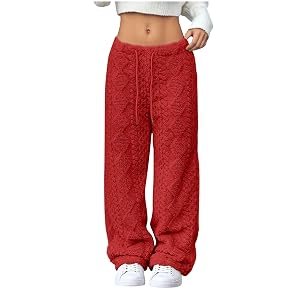 Womens Plush Fuzzy Pants Loose Fit Straight Leg Pant Warm Trendy Fall Winter Solid Color Fleece Loungewear Homewear