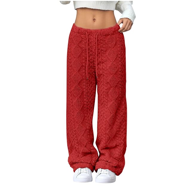 Womens Plush Fuzzy Pants Loose Fit Straight Leg Pant Warm Trendy Fall Winter Solid Color Fleece Loungewear Homewear