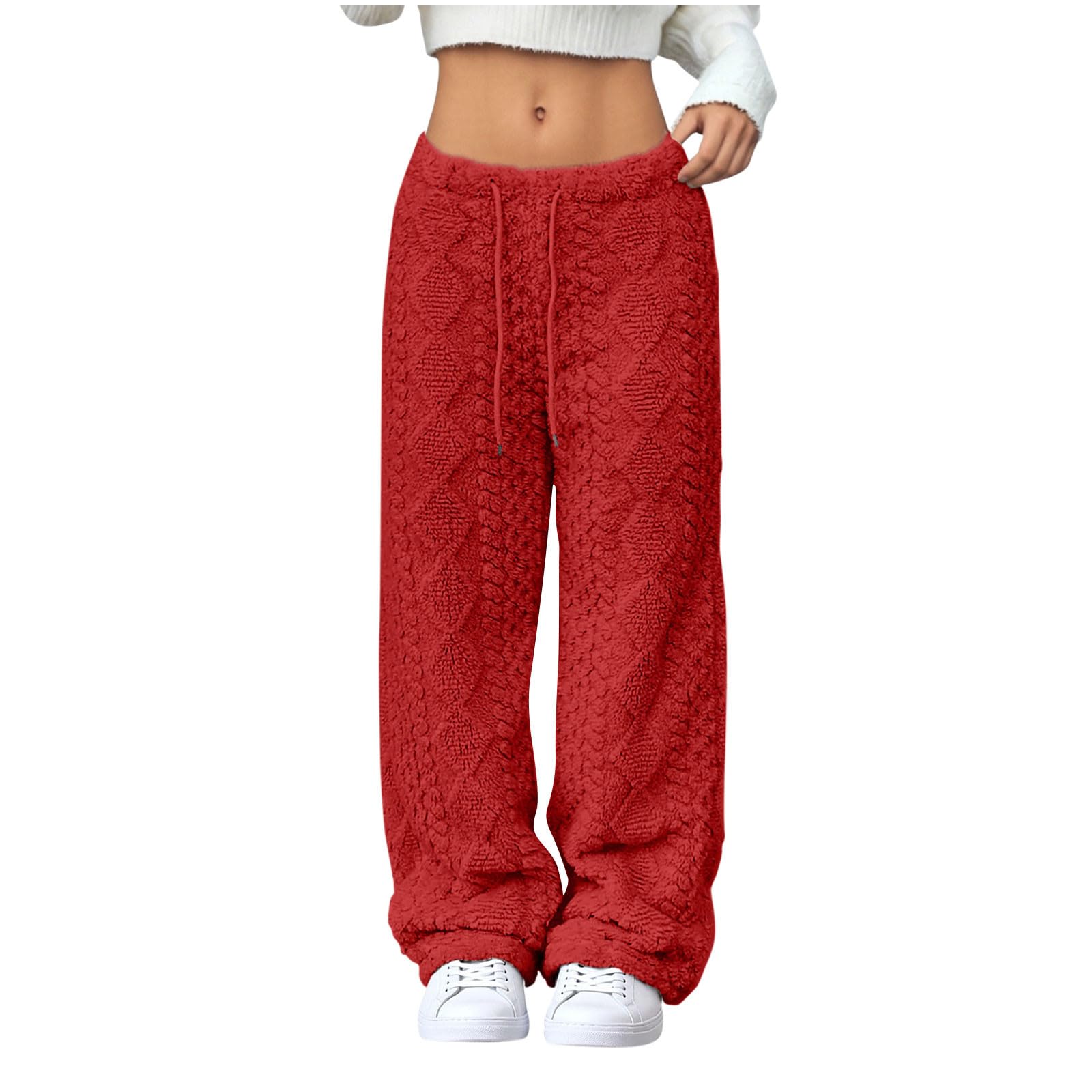 Womens Plush Fuzzy Pants Loose Fit Straight Leg Pant Warm Trendy Fall Winter Solid Color Fleece Loungewear Homewear