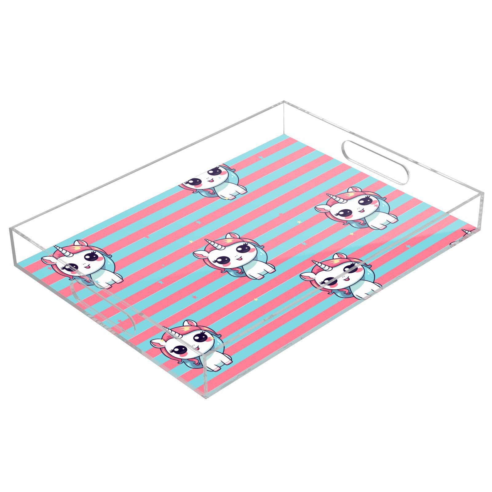 Bandejas acrílicas transparentes con asas, bandeja de desayuno de 12 x 16 pulgadas, bandeja de desayuno acrílica acrílica melocotón y unicornios a rayas azules, bandeja de servir de acrílico