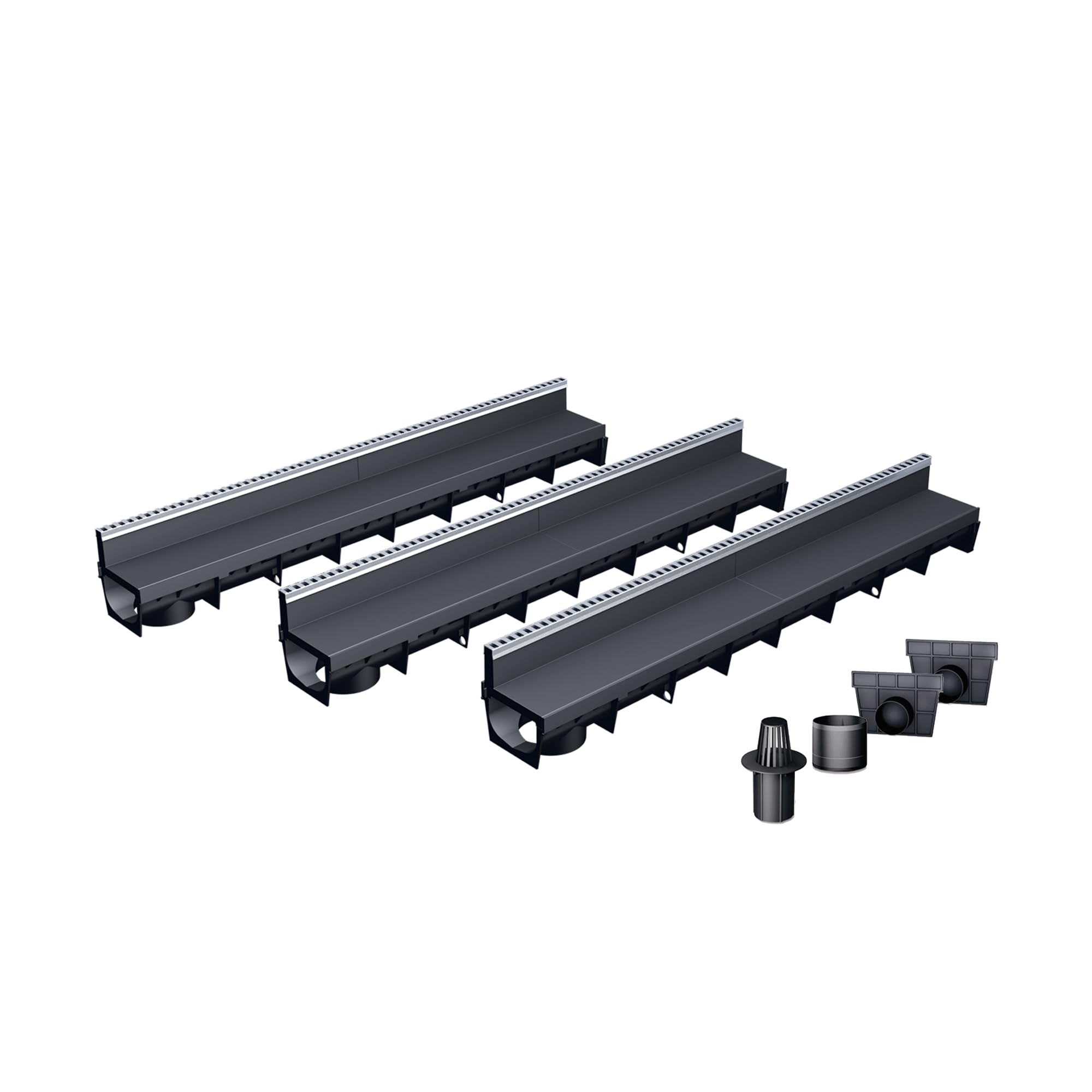 MEA Pack de 3 Caniveaux Extérieurs MEAPARK – Grille à Fente en PP Recyclé + Profil E-​Blade B en INOX – Drainage Terrasse, Piscine, Jardin – Classe A15 Piéton – Largeur utile 10 cm