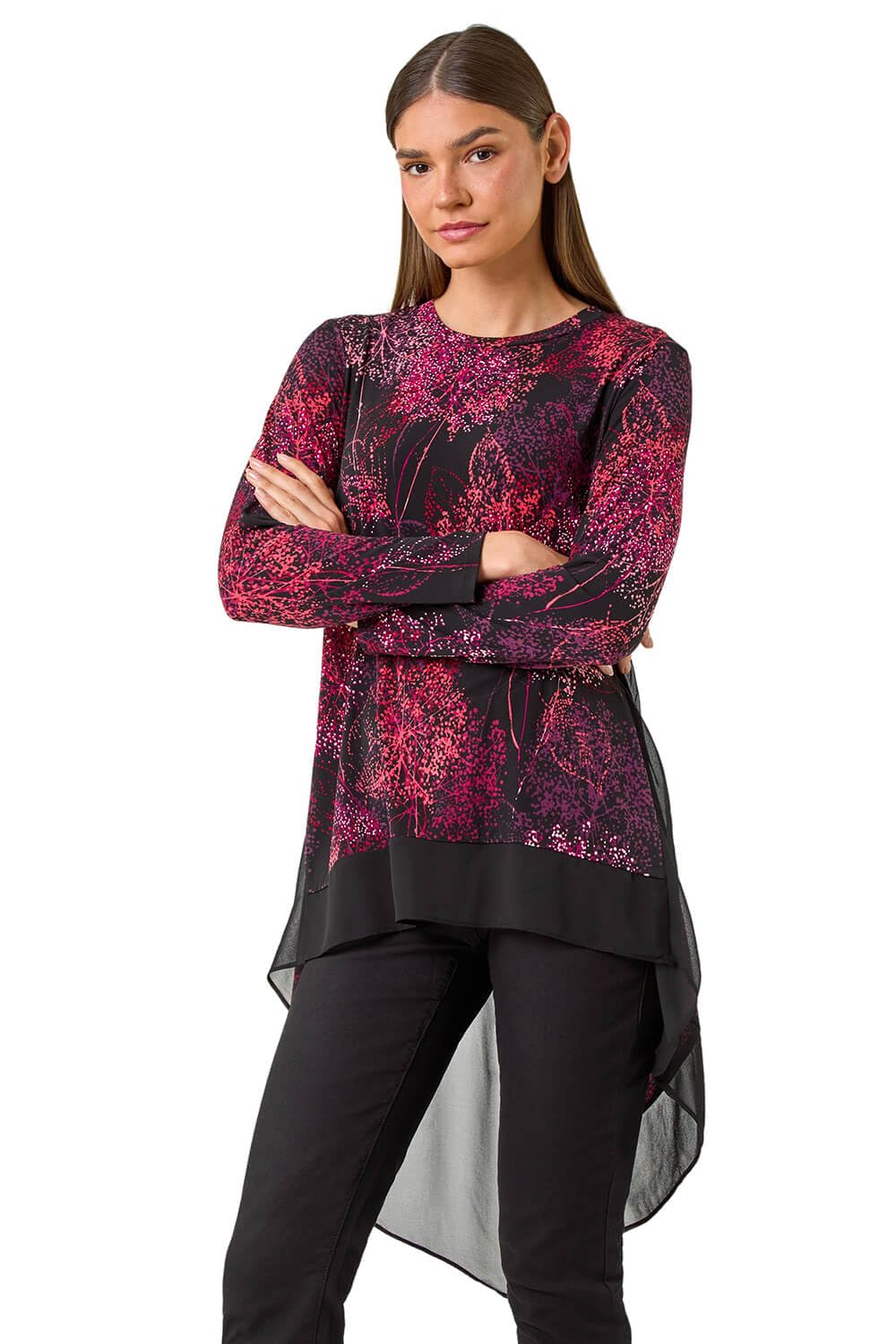 Roman Originals Women's Wine Roman Chiffon Dipped Hem Top Asymmetric Tunic For Uk Stretchy Jersey Flared Blouse Smart Fit & Flare Form Casual Loose Longline Party Hanky Tunics - Size 12