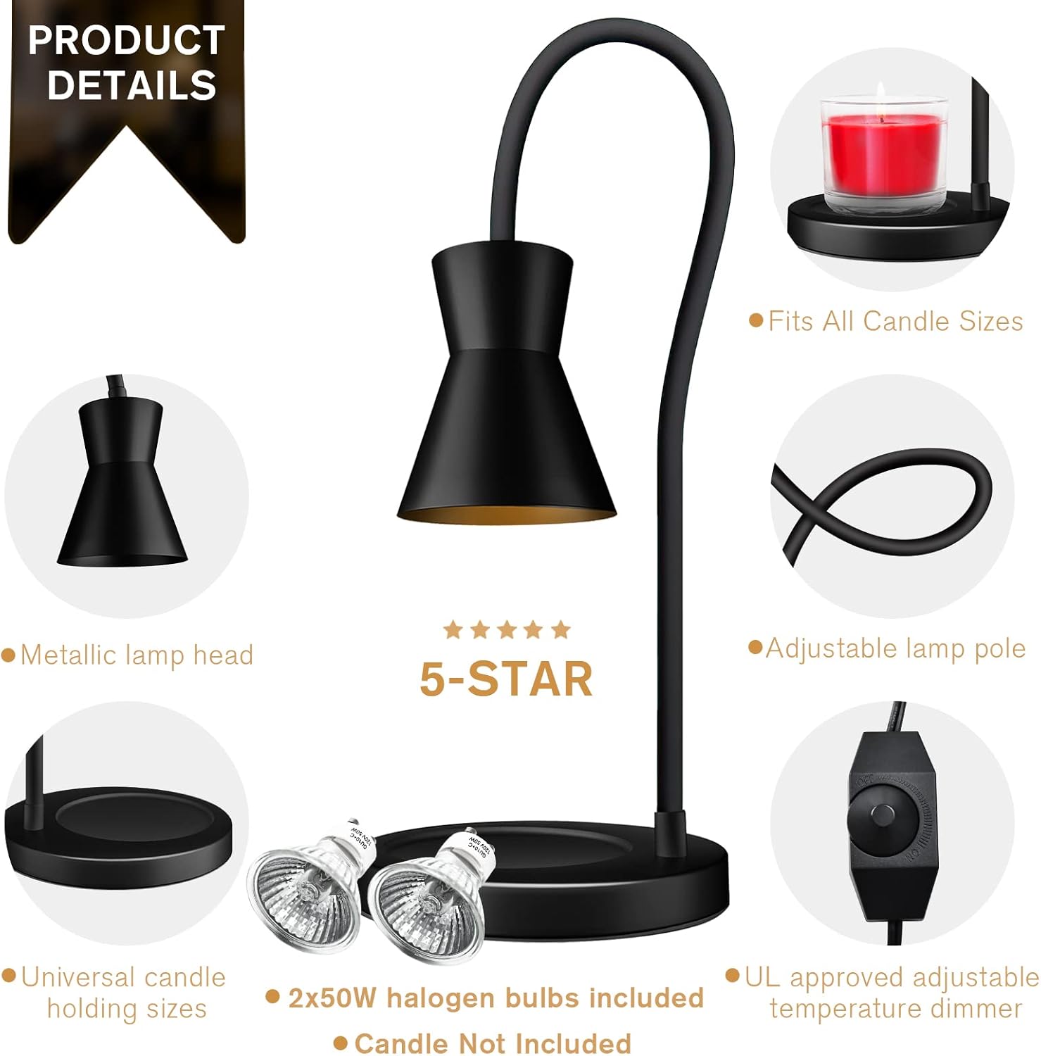 Candle Warmer Lamp, Dimmable Candle Lamp, 360°Adjustable Gooseneck Jar Candle Warmers Lantern, Compatible with Small & Large Candle, 2 Bulbs Included(Black)
