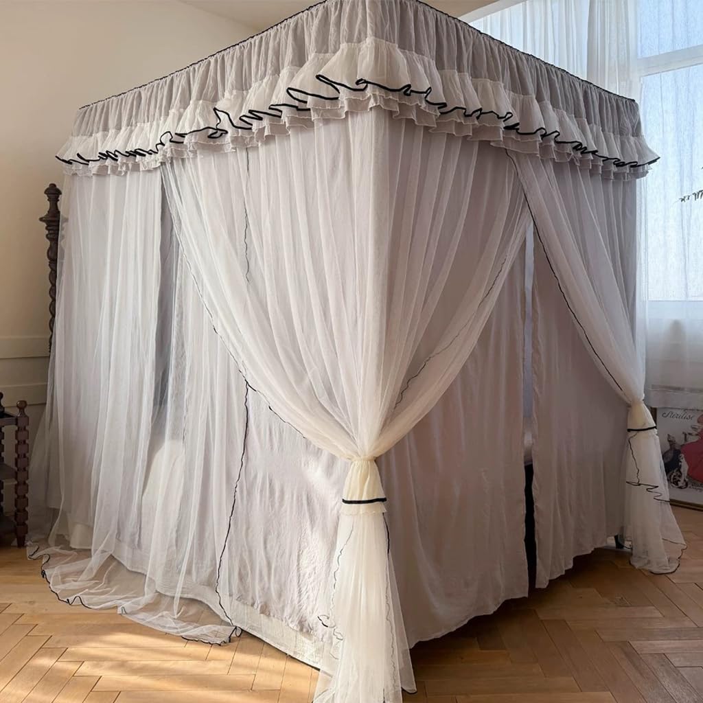 4 Corners Post Solid Color Bed Canopy Curtain Double Layer-Curtain With Princess Mosquito Net 4 Opening Netting for Girls Teens Or Adults Bedroom Decoration (Grey, 64"W x 86"L (Pack of 1))