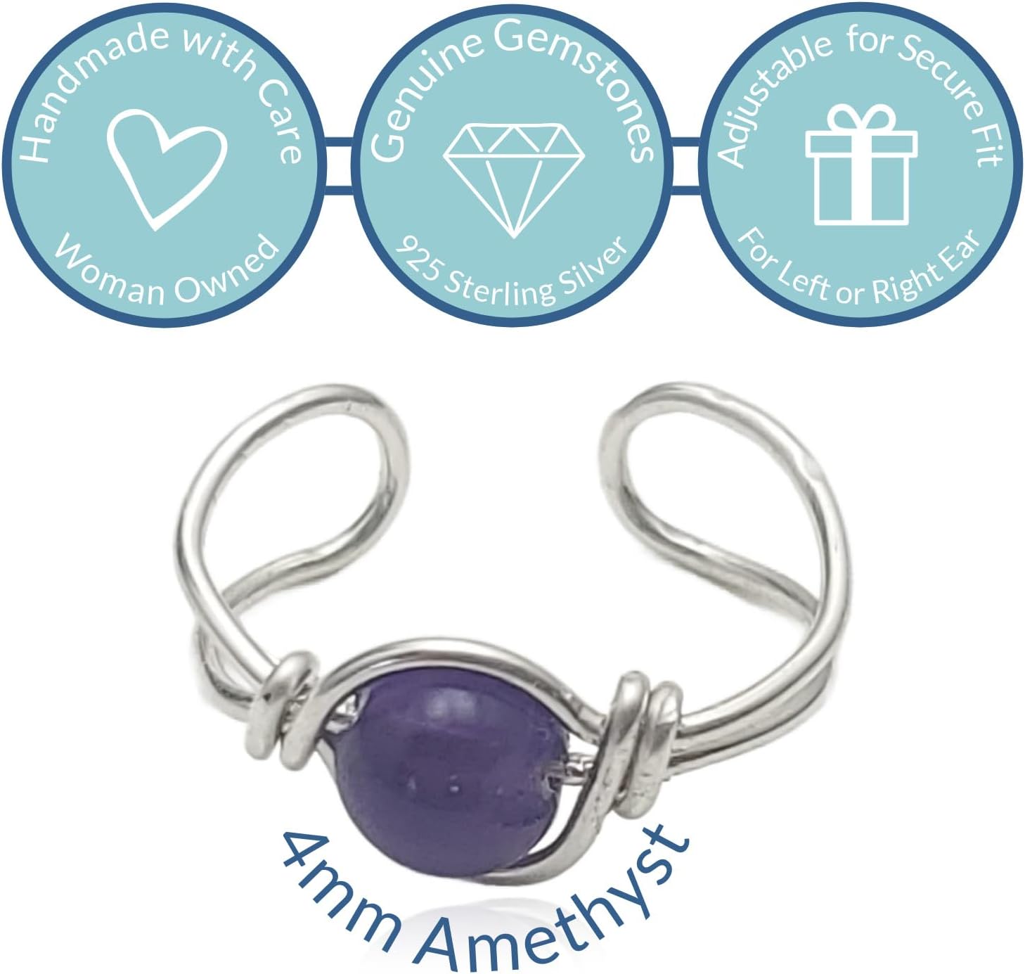 Sterling Silver Amethyst Clip On Ear Cuff, Non Piercing Dainty Huggie Gemstone Earring, February Birthstone - Image 2