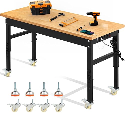 Miniatura 9 de Banco de trabajo ajustable de 48 pulgadas con almacenamiento de cajones, bancos de trabajo para garaje con parte superior de madera de caucho, mesa