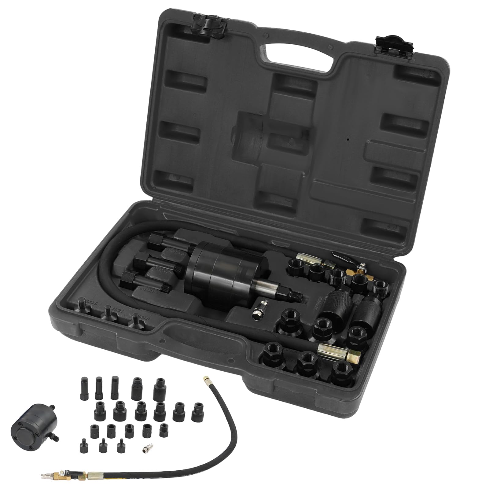 Set di 23 utensili per estrazione iniettori pneumatici, con adattatore, estrattore pneumatico, per iniettori diesel (nero)